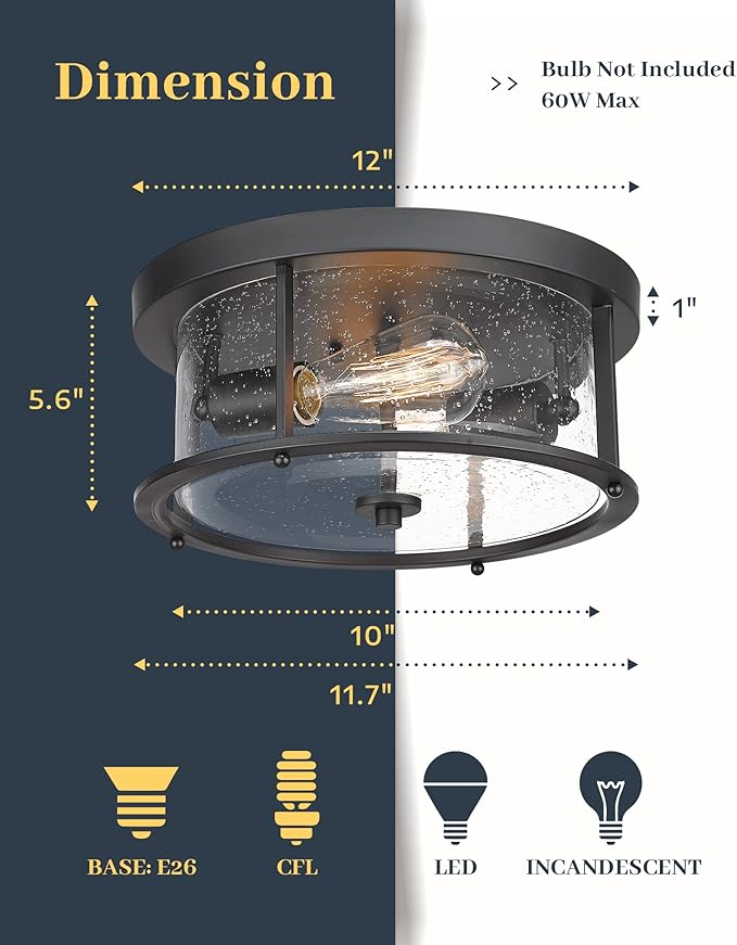EAPUDUN Flush Mount Ceiling Light Fixtures, 12inch 2-Light Farmhouse Close to Ceiling Light Fixture with Seeded Glass Shade, Matte Black Finish for Porch, Entryway, Bedroom, Foyer,FMA1413-MBK