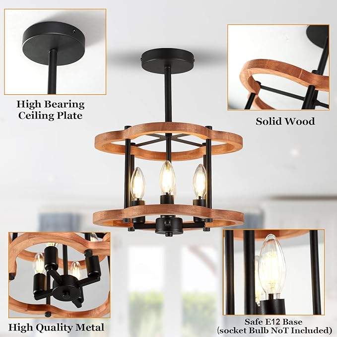 4-Light Rustic Semi Flush Mount Ceiling Light, 13" Farmhouse Wood Close to Ceiling Lighting with Black Metal Industrial Hallway Light Fixtures for Living Room Bedroom Dining Room Foyer Entryway