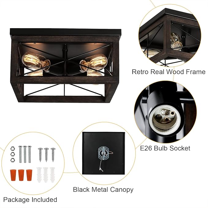 eyassi Wooden Flush Mount Ceiling Light, 4-Light Rustic Farmhouse Light Fixtures, Industrial Square Ceiling Light Fixture with E26 Socket for Kitchen Entryway Living Room Dining Room Bedroom