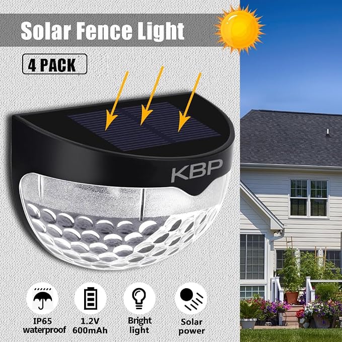 KBP Solar Fence Lights Outdoor Decorative Garden Lights Waterproof Wall Lights for Patio, Yard, Stairway (Black)