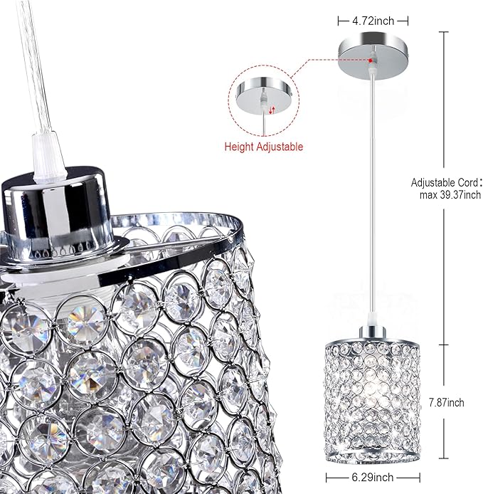 TISLYCO Modern Crystal Pendant Light Fixtures Set of 2, Ceiling Hanging Crystal Chandelier Over Kitchen Island Sink Lighting,Chrome Pendant Lighting For Dining Room, Bathroom, Hallway, EntryWay,Closet
