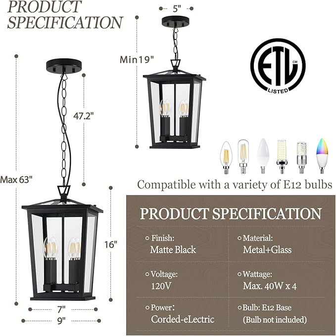 Outdoor Pendant Lights for Porch, 16" 4-Light Large Outdoor Chandelier with Clear Glass, Black Modern Exterior Hanging Porch Light with Long Chain for Gazebo Foyer, OS-OD2601-4HL