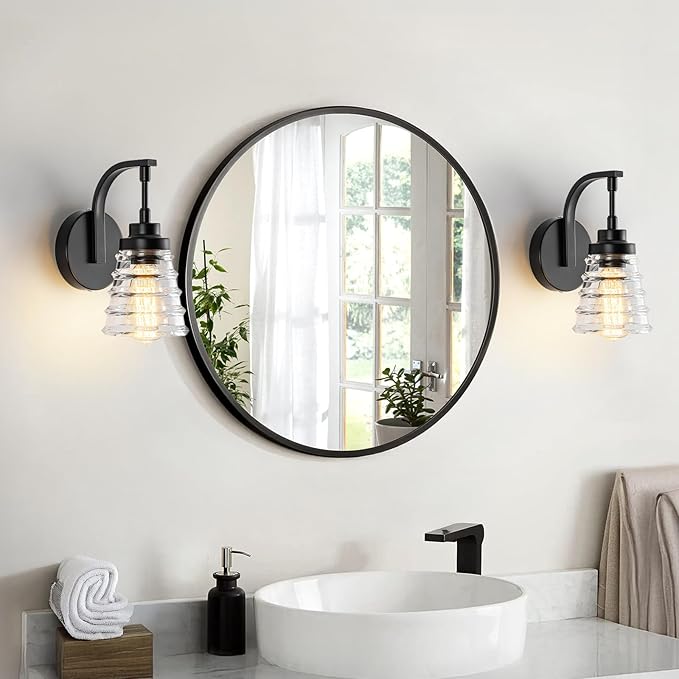 Modern Black Wall Sconce Light, 1-Light Bathroom Vanity Light with Clear Glass Shade for Mirror, Indoor Wall Mounted Fixture for Bedroom, Hallway, Entryway
