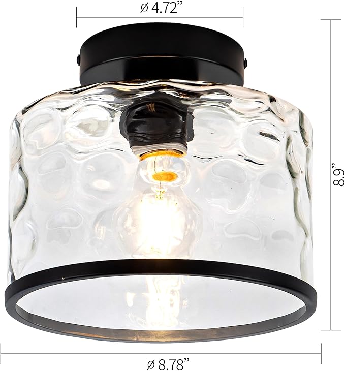 Zlepmlla Glass Ceiling Light, Black Semi Flush Mount with Hammered Glass Shade, Farmhouse Light Fixture for Hallway, Bathroom, Entryway, Kitchen,Living Room