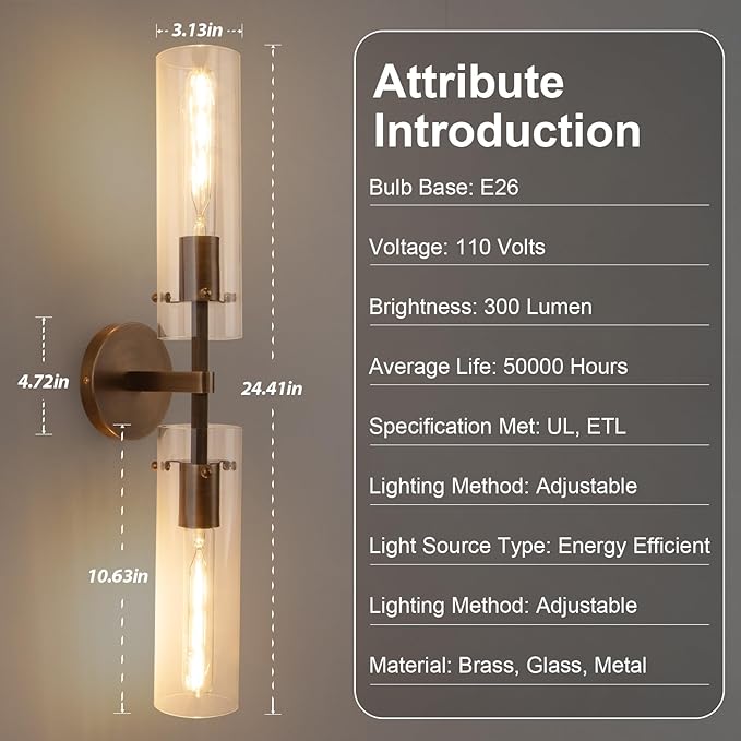 Brass Bronze 2-Light Knurled Wall Sconce, Dual-Head Vanity Lamp Set of Two with Clear Glass Tube, Bathroom Wall Sconces, Wall Lights for Living Room Bedroom Hallway Kitchen Bathroom Mirror
