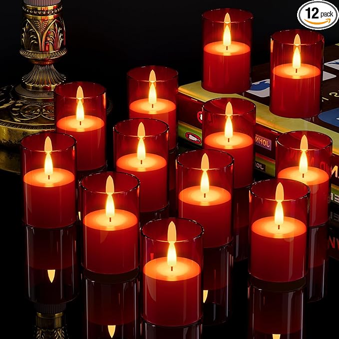 VIODAIM 12Pack Flickering Flameless LED Candles with Timer, Battery Powered - Small Pillar & Votive, Red (2"X3")