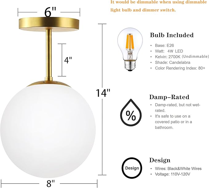Globe Semi Flush Mount Ceiling Light Fixture Globe Ceiling Light Milk Glass Matte Gold Finish Contemporary Mid Century Modern Lighting for Hallway Living Room Kitchen Bedroom Storage(Bulb Included)