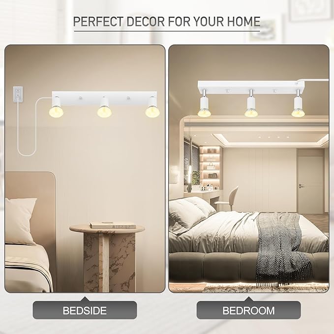 Plug-in Track Lighting, LED Track Lighting Fixtures Ceiling Kit, 16" White Plug in Wall Light with 14.8ft Cord, 3-Light Ceiling Spotlight,Rotatable Kitchen Light Head for Bedroom Hallway(GU10,NO Bulb)