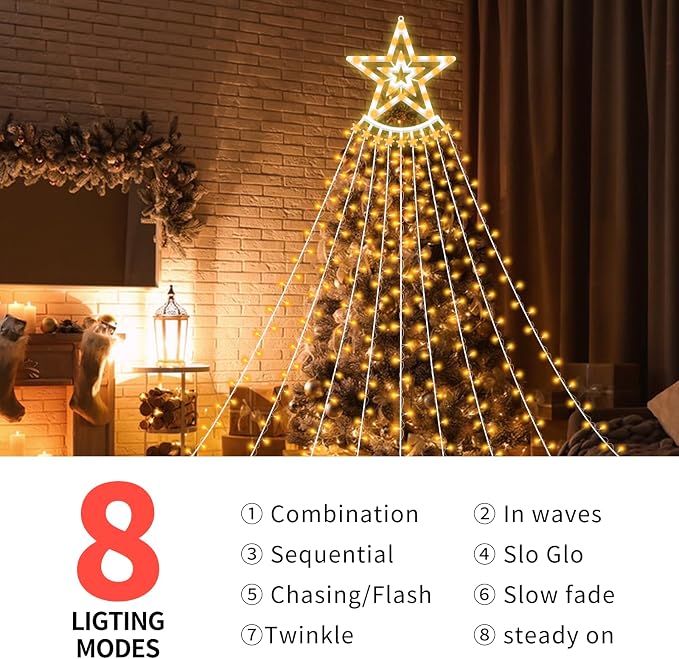 350 LED Christmas Decorations Star String Lights Waterproof Waterfall StarLights 8 Light Modes Remote & Timer,Waterproof Seasonal Lighting Decor for Home Xmas Tree Yard Wedding Party (Cool White)