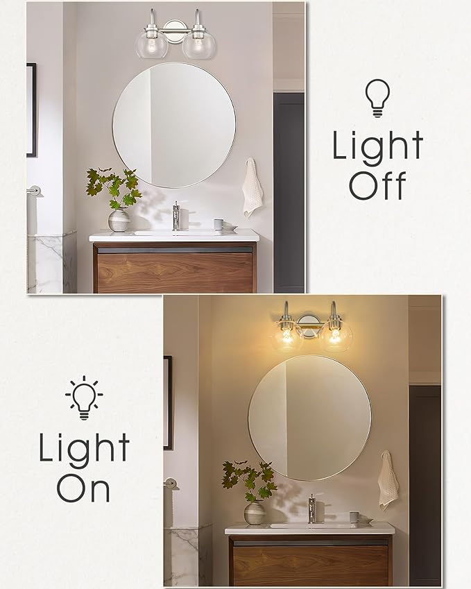 2-Light Bathroom Light Fixtures, Brushed Nickel Vanity Light with Globe Clear Glass Shade, Modern Vanity Lighting Fixtures Over Mirror, AD-22280-2W-SN