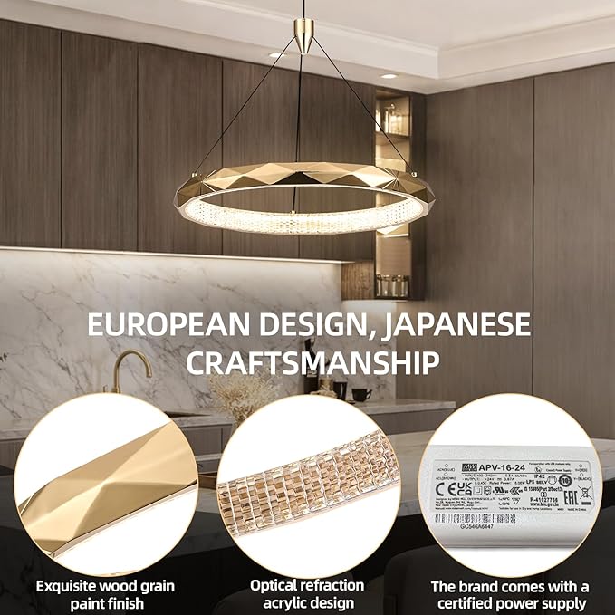 HEYAN Modern Gold Ring Chandelier, 16-Inch Faceted Geometric LED Pendant Light, Dimmable 3-Color Changeable Island Lighting, 25W Luxury Acrylic Crystal-Effect Ceiling Fixture for Dining Room & Kitchen