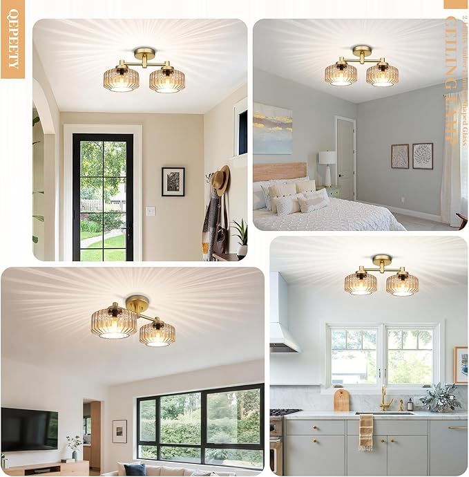 Semi-Flush Mount Ceiling Light Fixture, 2-Light Vintage Chandelier with Amber Glass Shades and Gold Frame, Mid-Century Modern Ceiling Lamp for Kitchen Island, Dining Room, Bedroom
