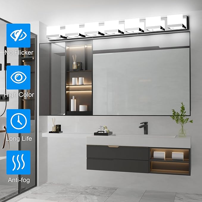 Tipace LED Modern Bathroom Vanity Light Fixtures, 7 Lights Chrome Vanity Lighting for Bathroom Wall Lights Up and Down LED Light Fixtures Over Mirror(White Light 6000K)