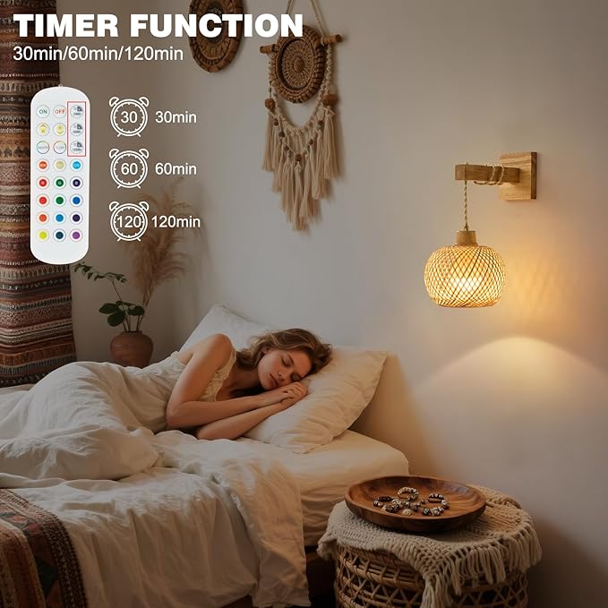 Vitnucrol Bamboo Battery Operated Wall Sconces Set of 2, Rechargeable Rattan Cordless Battery Powered Wall Lights/Lamps with Remote, Woven Boho Wireless Decor Lighting Fixture for Living Room Bedroom