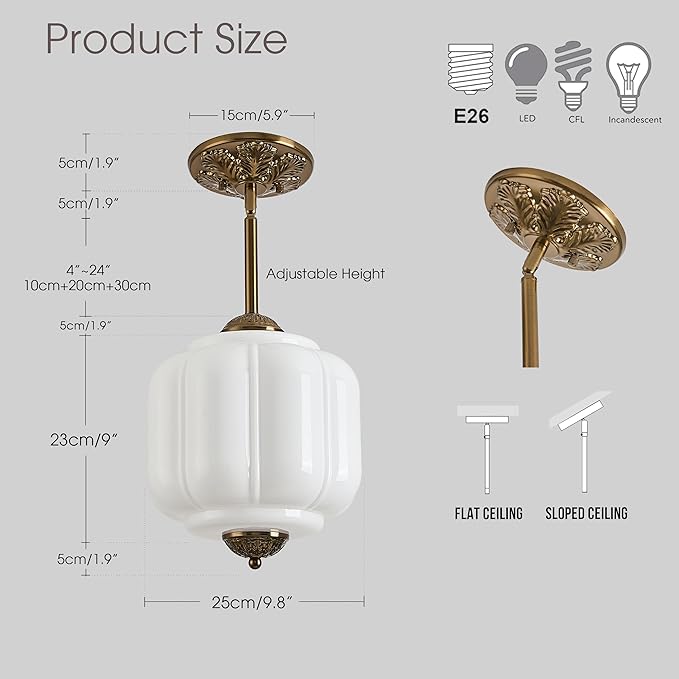 Milk Glass Ceiling Light Fixture, 9.8" Vintage Semi Flush Mount Pendant Light with Antique Brass Finish, Schoolhouse Light Fixture - Antique Chandelier for Kitchen, Hallway, Dining Room