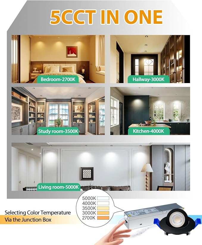 zouzai 2 Inch 5CCT Gimbal Black Led Recessed Lighting with Junction Box, 360°+90° Adjustable Led Recessed Lights, 2700K/3000K/3500K/4000K/5000K, 5W Eqv 50W, 550LM Brightness - ETL (Black, 6 Pack)