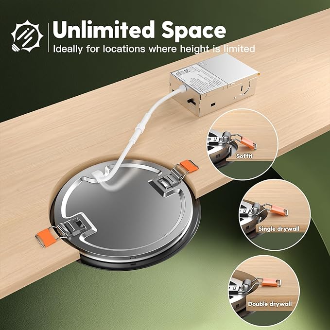 FREELICHT 24 Pack 6 Inch 5CCT Ultra-Thin LED Recessed Ceiling Light with Junction Box, 2700K-5000K Selectable, 1050LM Brightness, Dimmable Canless Wafer Downlight, 12WEqv110W-ETL&FCC,Black