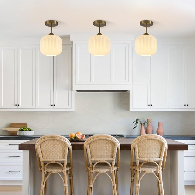 BOKT Vintage Semi Flush Mount Ceiling Lights 2 Pack 7.9" Stripe Milk White Glass Shade Modern Ceiling Lamp Mid Century Gold Ceiling Light Fixture for Farmhouse, Kitchen Island, Hallway