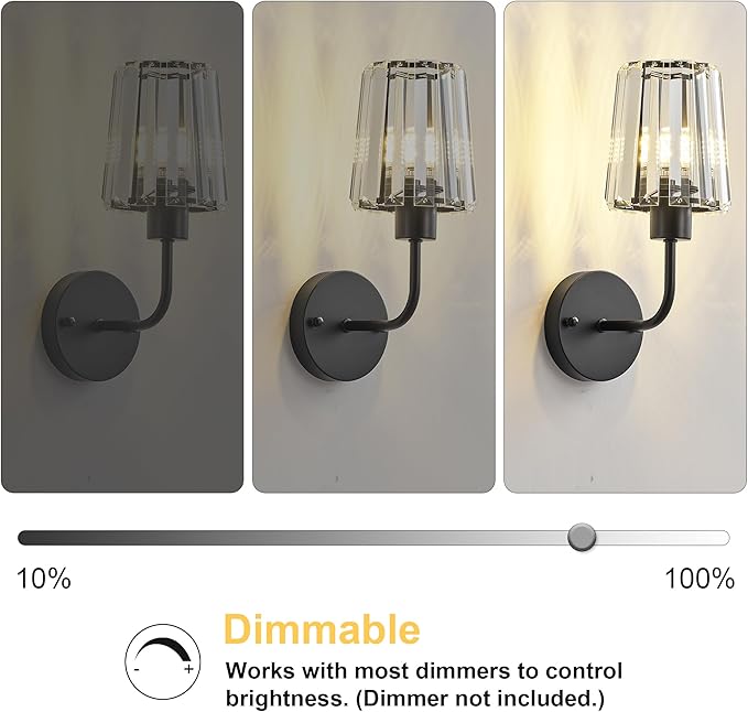 KARTOOSH Hardwired Crystal Wall Sconces Set of Two - Dimmable Wall Light Fixtures 3000K, Warm White, for Hallway, Bathroom, Living Room, Bedroom, Black, 13 Inch