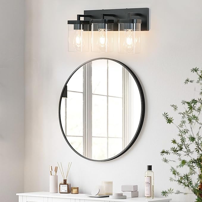 3-Light Bathroom Lighting Fixtures over Mirror, Matte Black Vanity Lights with Square Transparent Glass Shade, Modern Bathroom Vanity Light for Mirror Kitchen, Living Room, Gallery, Hallway