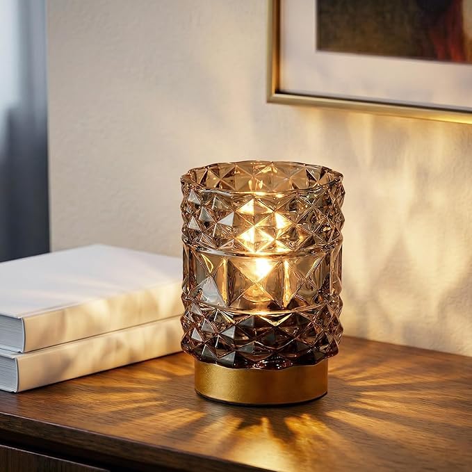 MJ PREMIER Battery Operated Lamp with Timer, Cordless Table Lamps for Shelf Decor, Rhombus Texture Aesthetic Crystal Lamp, Small Decorative Lamps for Bedroom/Bathroom/Kitchen/Entryway/Dorm (Grey)
