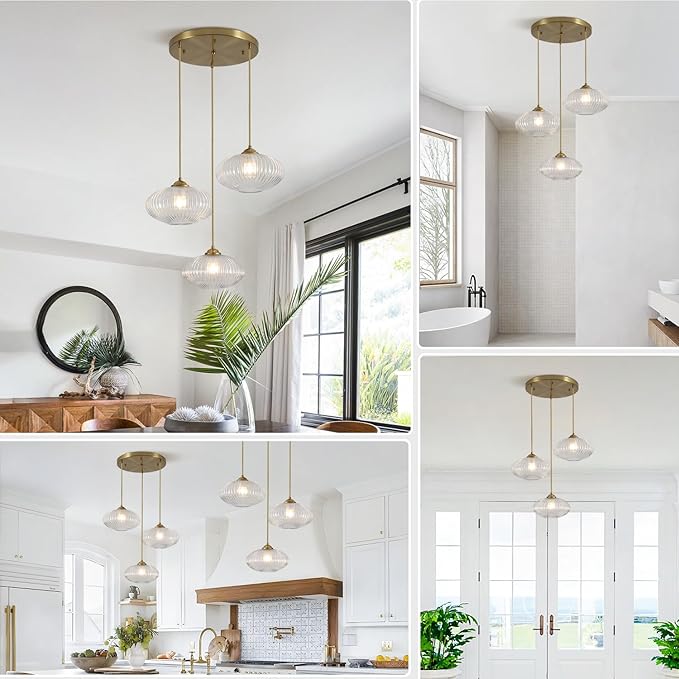 3 Light Pendant Lighting Clear Glass Cluster Pendant Lights Kitchen Island Modern Retro Adjustable Brushed Gold Hanging Light Fixtures Brass Cluster Chandelier for Bedroom Living Room MPL30-3D