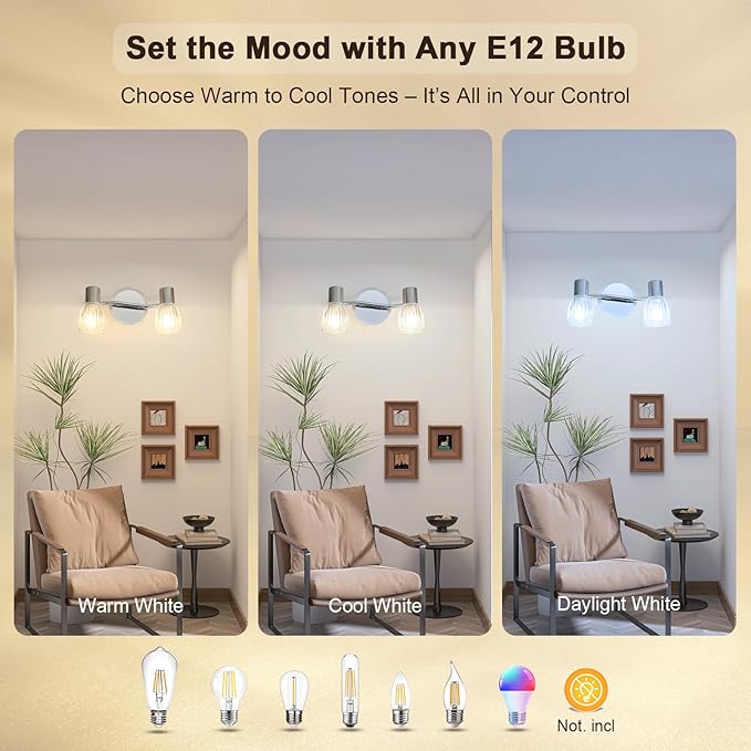 HiBay 2-Light Track Lighting, Directional Ceiling Light Fixture with Glass Shades, Modern Chrome Spotlight Indoor for Kitchen, Bedroom, Living Room, E12 Base, No Bulbs