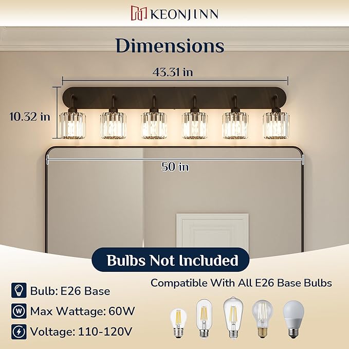 Keonjinn 6-Light Bathroom Light Fixtures, Crystal Black Bathroom Vanity Lights Over Mirror, Vanity Lighting Fixtures with Crystal Square Shades (E26 Socket, Exclude Bulb)