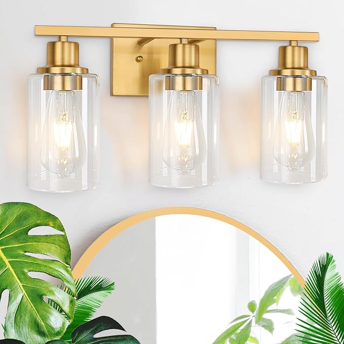 Gold Bathroom Wall Lights Brushed Brass 3-Light Vanity Light Fixtures Modern Wall Sconces with Clear Glass Shade, Bathroom Wall Lamp for Mirror Kitchen Bedroom Hallway Cabinet Porch