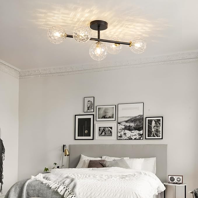 Modern Globe Glass Ceiling Light: 27 Inch Semi Flush Mount Light with Hammered Clear Glass Shade - 5 Lights Black Ceiling Lighting Fixture - Dimmable Linear Chandelier for Bedroom Living Room Entry