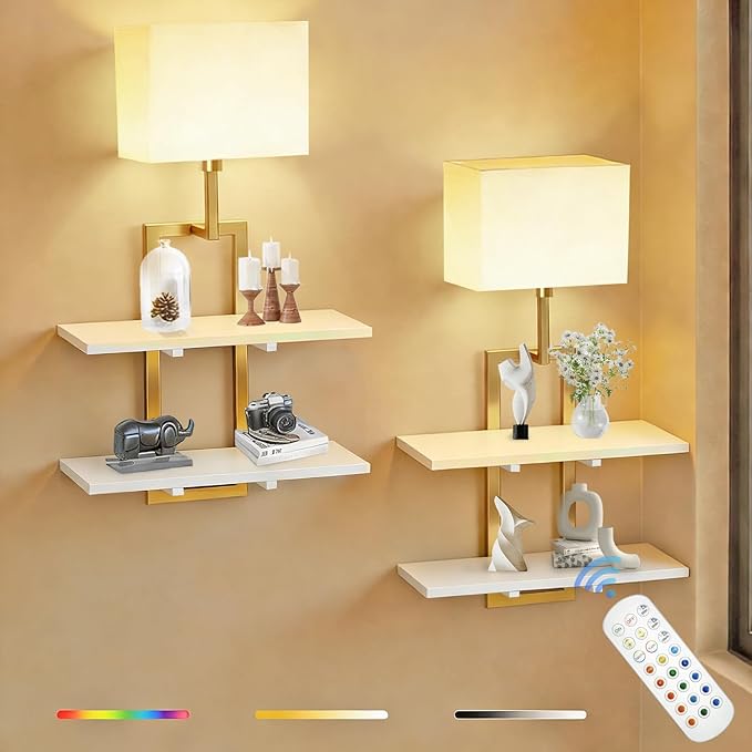 Set of 2 Battery Operated Wall Sconce with 2-Tier Shelf, Remote Wireless Rechargeable Dimmable Wall Lights with Floating Shelves, Wall Lamps for Bedroom Living Room Hallway Bathroom Decor, Gold