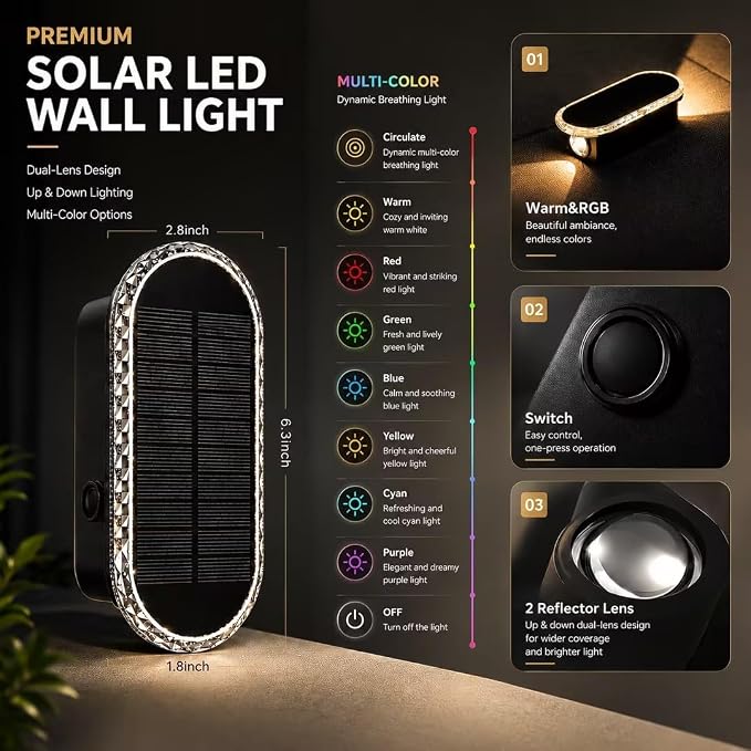 Herzila 10 Pack Solar Fence Lights,RGBW Solar Powered Fence Wall Lights, Waterproof 7-Color Changing Up Down Lighting Wall Lights for Outdoor/Patio/Porch/Pool Cage