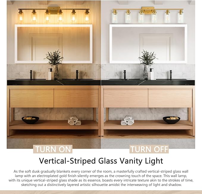 Jonsi Brushed Gold Bathroom Light Fixtures, 6-Light Brushed Gold Vanity Light, Bathroom Vanity Light with Stripe Glass Shade, E26 Wall Sconces Over Mirror for Bathroom, Living Room, Hallway