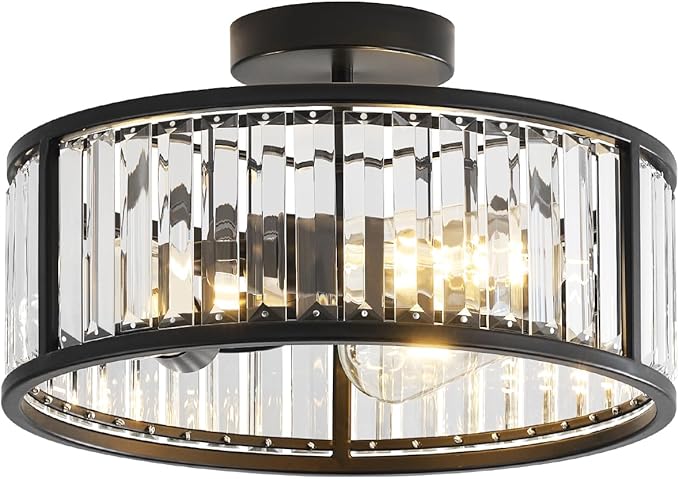 Black Flush Mount Ceiling Light, Caged Crystal Chandelier, Drum Hallway Light fixtures Ceiling Mount (14 INCH Black)