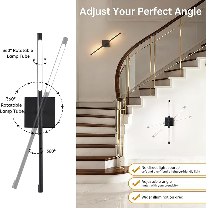 Shenmoyl Battery Operated Wall Sconce Set of 2, 8000mAh Wireless Wall Sconces, 3000K-6000K Dimmable, 350°Rotate, Indoor Wall Lights with Remote for Bedroom Living Room Bathroom, Black, 23.6 Inch