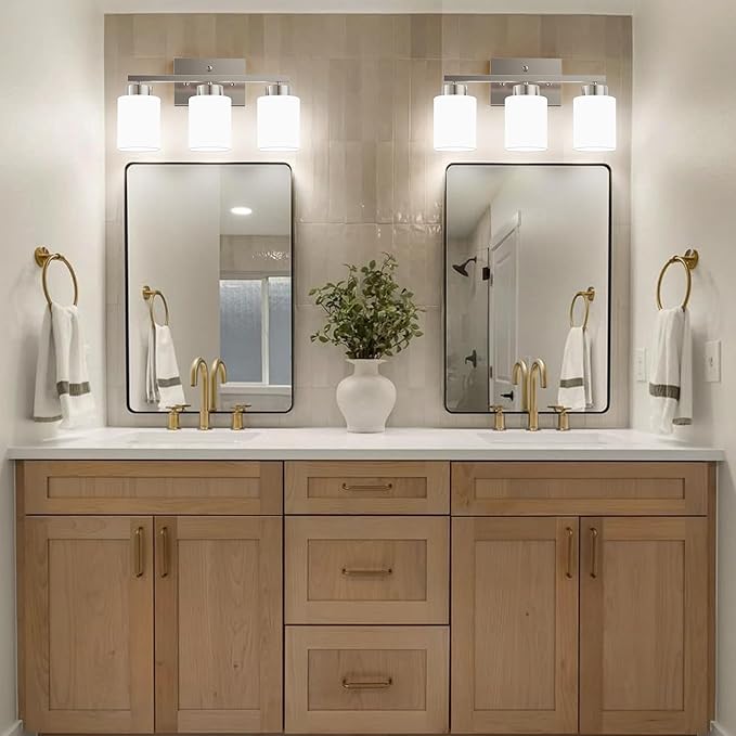 PARTPHONER 3-Light Brushed Nickel Bathroom Light Fixtures, Modern Vanity Light Over Mirror Lighting, Wall Sconce with Frosted Milky White Glass Shades for Bedroom Living Room Kitchen Hallway