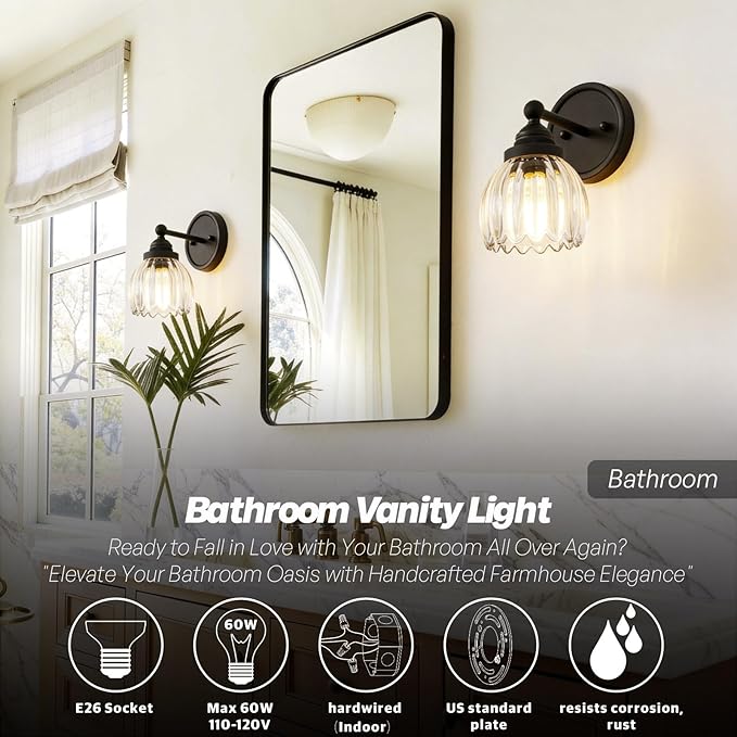 Vintage Hardwired Tulip Glass Wall Sconce Lighting, 1-Light Bathroom Vanity Light Fixture for Hallway Bedroom Living Room Bedside Nightstands Lights