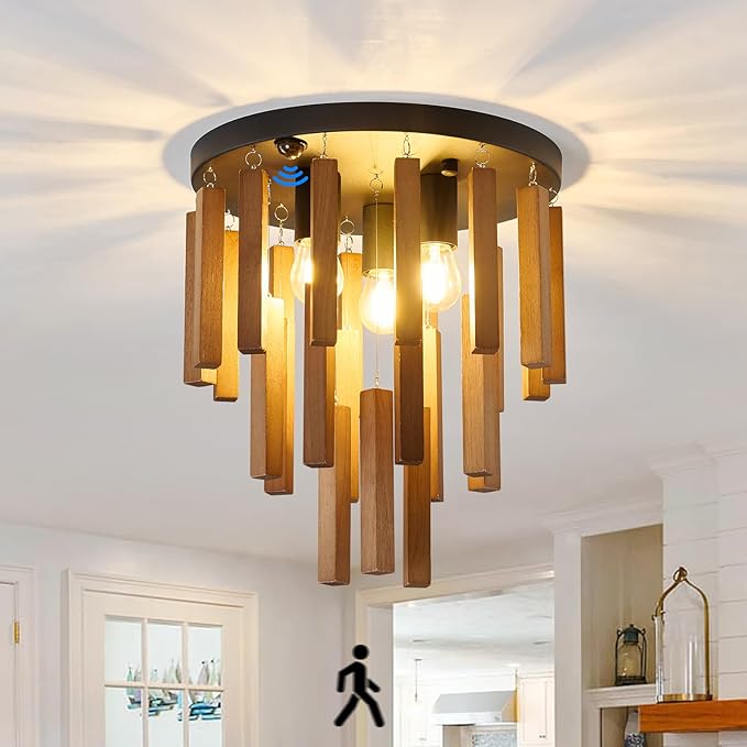Motion Sensor Semi Flush Mount Ceiling Lights Boho Wood Light Fixture 3-Light Farmhouse Chandelier Oak and Black Ceiling Lighting with E26 for Kitchen Living Room Entryway Bedroom Dining Room