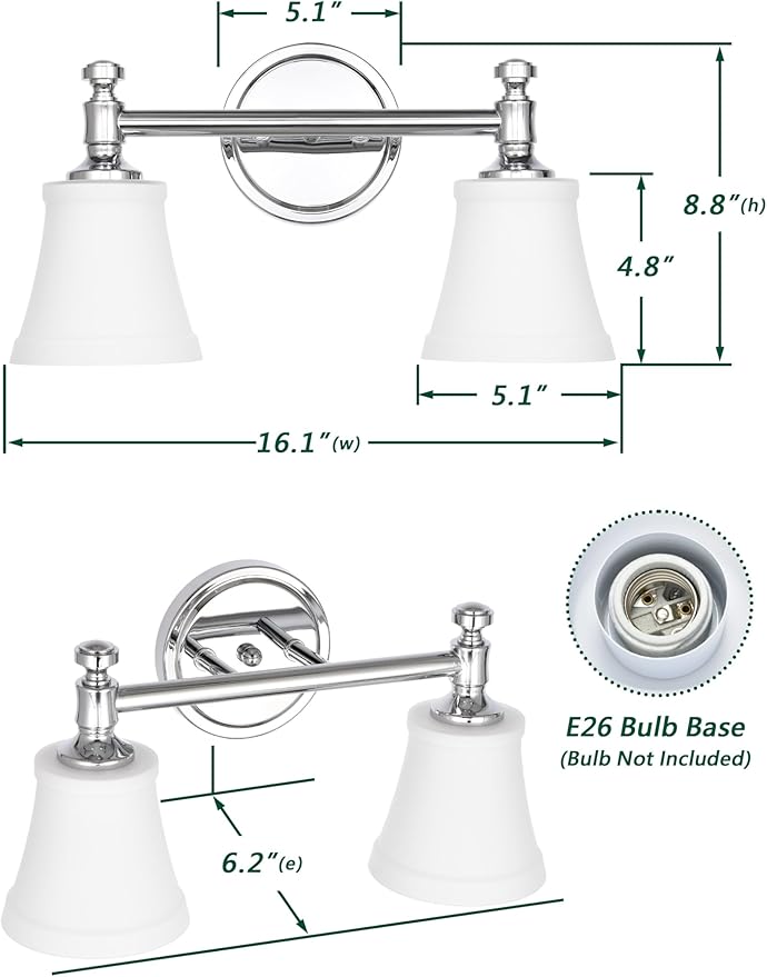 Bathroom Vanity Light Fixtures, Traditional Chrome 2 Lights Wall Sconce Lighting with Opal Glass Shade, Porch Wall Mount Light Fixture for Bathroom, Mirror Cabinets Hallway Stairs