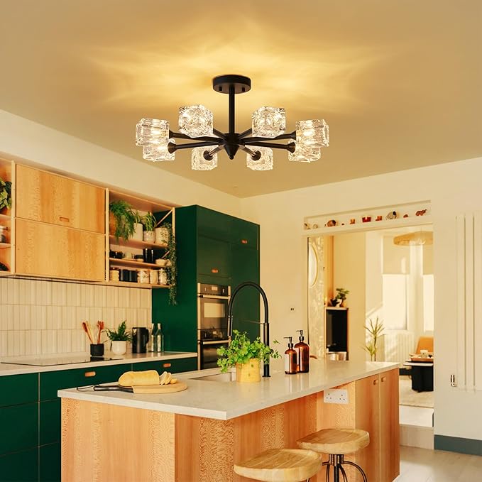 XINGQI 8 Lights Ceiling Light Fixture Farmhouse Semi Flush Mount Ceiling Light Industrial Black Glass Sputnik Chandelier for Bedroom Hallway Dining Room Powder Room