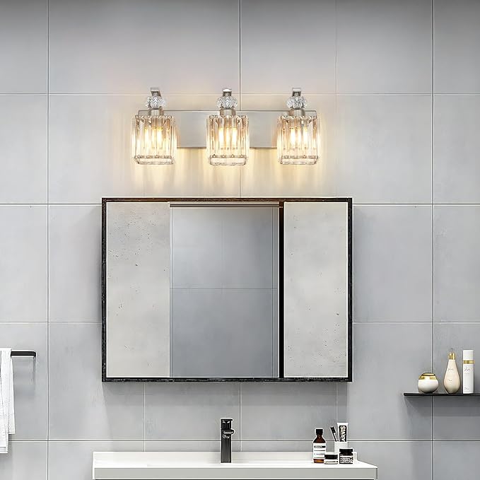 Modern Bathroom Vanity Light, 3-Light Nickel Bathroom Lighting Fixtures Over Mirror, 20.5" Crystal Wall Light Sconce for Bathroom/Bedroom/Vanity, Includes LED Bulbs, Easy Installation