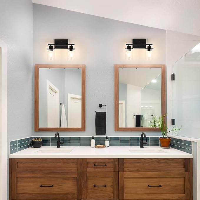 EDISHINE Bathroom Light Fixtures, 2-Light Bathroom Vanity Light with Clear Glass Shades, Matte Black Vanity Lights, Vintage Wall Sconces for Bedroom Living Room Hallway, E26 Base (Bulbs Not Included)