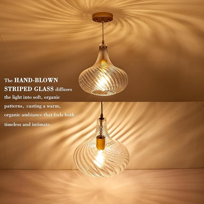 Glass Pendant Lights with Striped Shade 11inch Modern Gold Pendant Lighting Fixtures for Kitchen Island Adjustable 1 Light Large Ceiling Hanging Light for Kitchen Sink Dining Room Hallway, UL Listed
