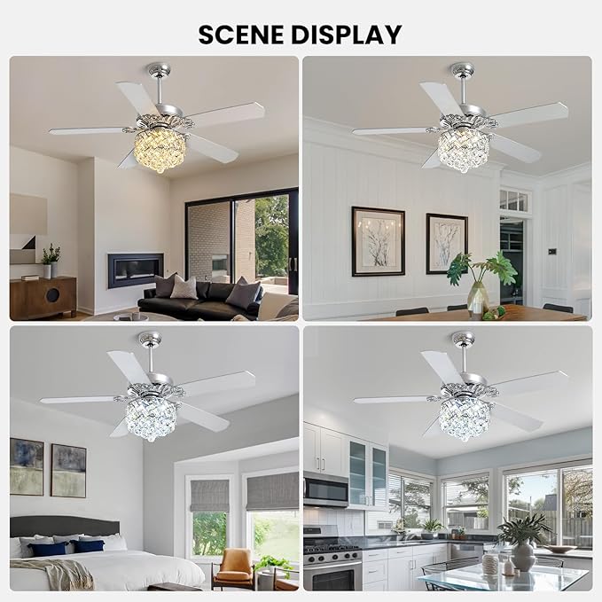 CROSSIO 52" Crystal Ceiling Fan with Light Dimmable LED Chandelier Ceiling Fan Modern Reversible Fandelier Light Fixture with Remote for Bedroom Dining Room Living Room Chrome