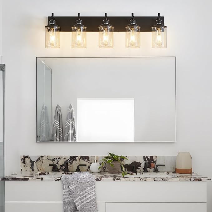 Lanhall 5-Light Black Bathroom Light Fixture Over Mirror Modern Farmhouse Bathroom Vanity Light Vintage Wall Lighting with Clear Glass Shade for Bathroom, Bedroom, Hallway, Cabinet