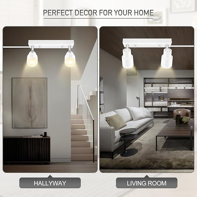 Plug in Track Lighting Fixtures Ceiling, White Track Light LED, 2-Light Track Lights with Cord, 2 Way Ceiling Spotlight, Rocker Switch, Rotatable Wall Mount Light for Kitchen/Bedroom,Bulb Not Included
