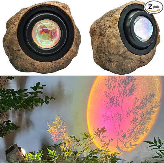 GOODFOEVER Solar Rock Lights (2pcs) Sunset Projection Lights Atmosphere Night Light Solar Powered Garden Lights Outdoor Decorative Waterproof LED Spotlight for Pathway, Walkway, Yard, Patio