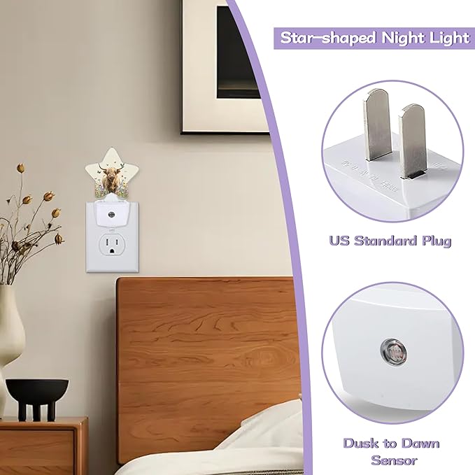 Highland Cow Nightlights Plug in Wall,Flower Butterfly Decorative Star Lamp with Automatic Lighting for Living Space,Gentle Glow for Kids Room,Hallway,Bathroom