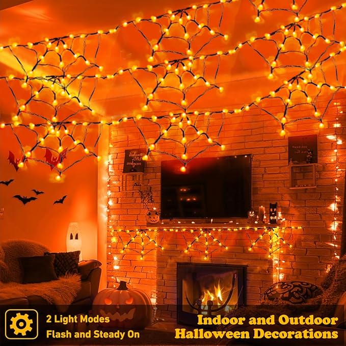 Halloween Spider Web Lights Outdoor, Solar Light up Cobweb String Lights with 60LED Lights, Spiderweb Curtain Fairy String Lights for Halloween Decorations Fireplace Proch Window Garden (Orange)