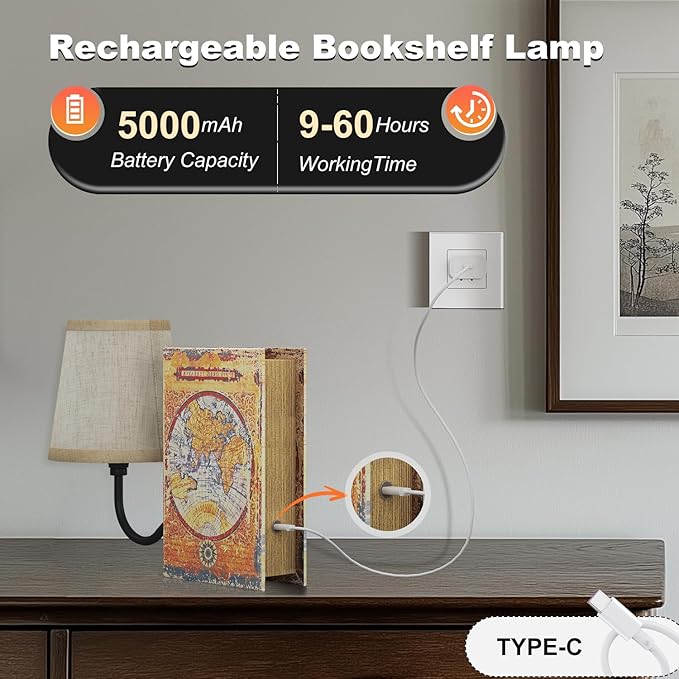 Vintage Bookshelf Lamp Rechargeable, Cordless Book Lamp with Linen Shade, Dimmable Touch Control Table Lamp, Modern Decorative Bookend, Bookshelf Lights for Office Home, Library, Study